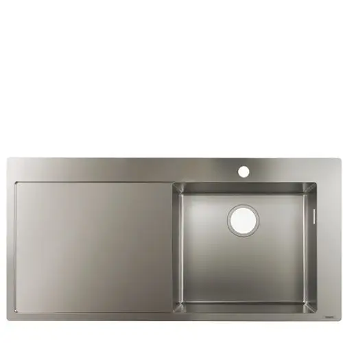 Edelstahlspüle von Hansgrohe mit einer großen Spülfläche und einer separaten Abtropffläche auf der linken Seite. Robuste, moderne Bauweise.